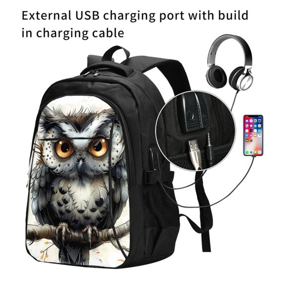 Ratiio Whimsical Owl On Branch Print Travel Laptop Backpack,Slim Sturdy Laptops Backpack with USB Charging Port, Water Resistant College School Computer Bag