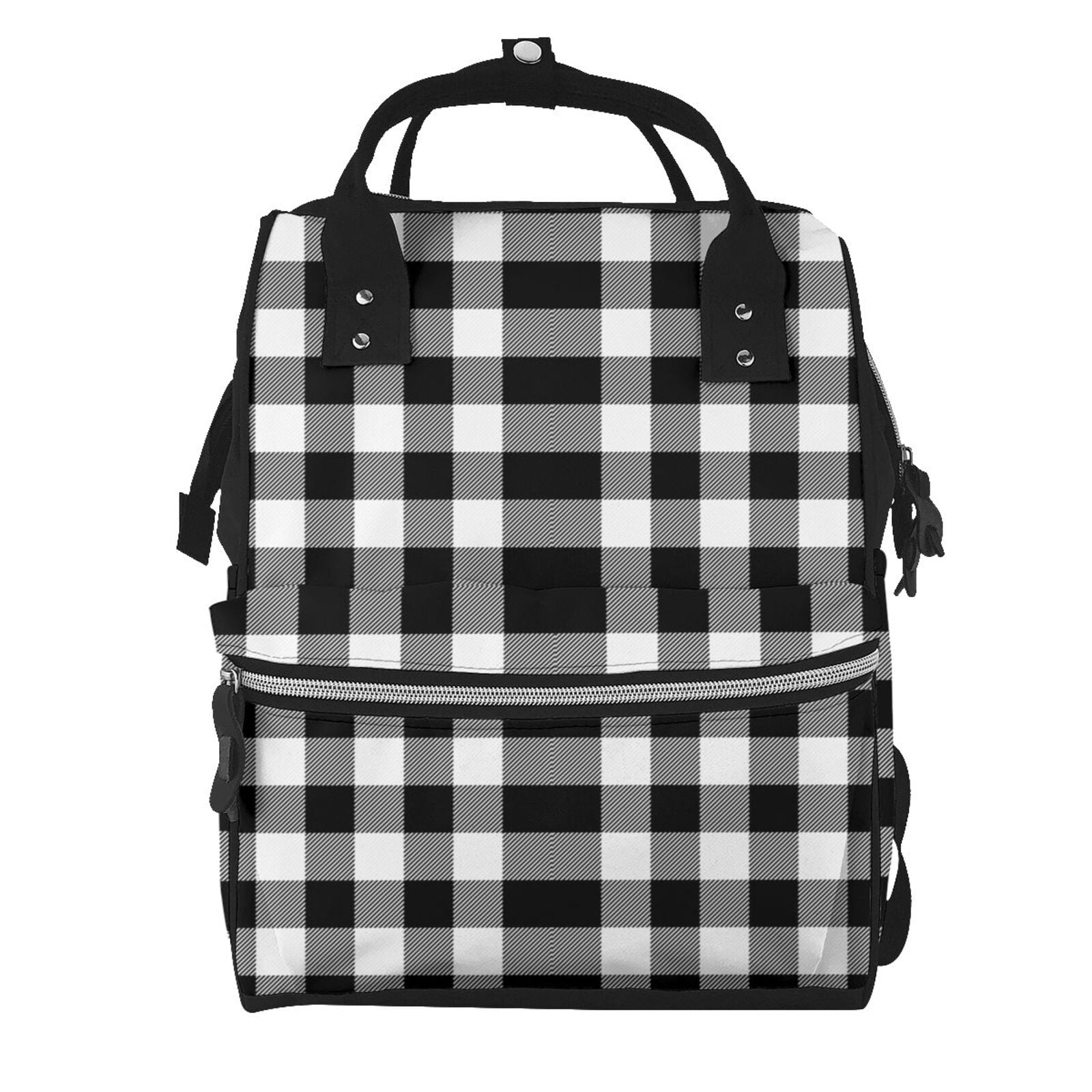 Ratiio White And Black Plaid Mummy Backpack - Waterproof Twill Canvas, Large Capacity Diaper Bag with Multiple Pockets and Adjustable Straps