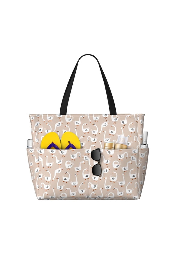 White Goose Print Large Capacity Beach Travel Bag, Polyester Waterproof Tote Bag with Zipper for Vacation and Daily Use