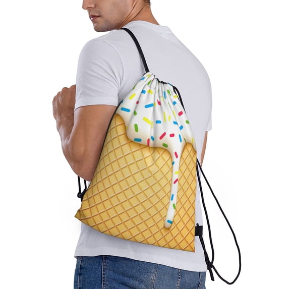 Ratiio White Ice Cream Print Drawstring Backpack Bag Sport Gym Sackpack Heavy Duty String Backpack for Men Women