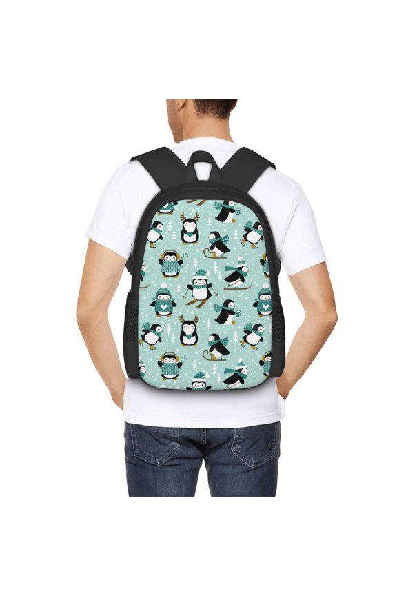 Winter Skiing Penguin Backpack for Men and Women - Durable 600D Oxford Cloth -Large Capacity, Water-Resistant School, Travel, and Hiking Bag
