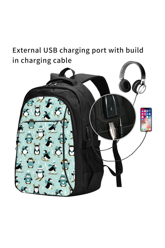 Winter Skiing Penguin Print Travel Laptop Backpack,Slim Sturdy Laptops Backpack with USB Charging Port, Water Resistant College School Computer Bag