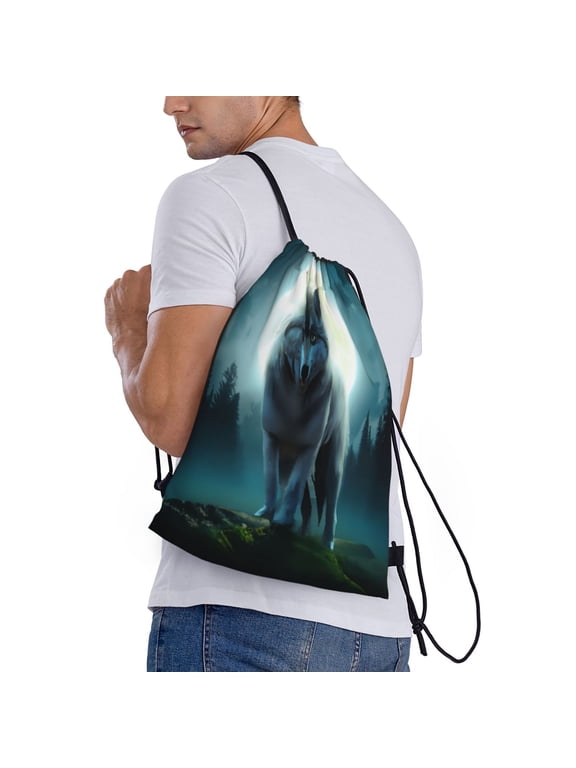Wolf Print Drawstring Backpack Bag Sport Gym Sackpack Heavy Duty String Backpack for Men Women