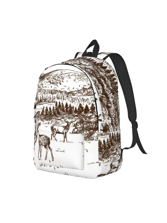 Woodland Forest With Deers Print Canvas Backpack for Women & Men Retro Aesthetic Rucksack Basic Backpack for High School/College Students Travel Laptop Bag