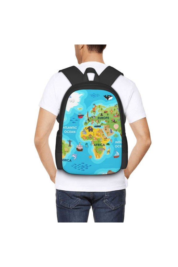 World Map With Animals Landmarks Backpack for Men and Women - Durable 600D Oxford Cloth -Large Capacity, Water-Resistant School, Travel, and Hiking Bag