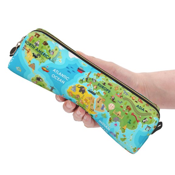 Ratiio World Map With Animals Landmarks Pattern Leather Pencil Case, Pencil Pouch with Durable Zipper, Compact and Stylish Organizer for Stationery, Art Supplies, Travel Essentials