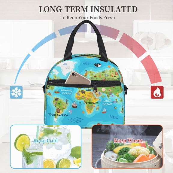 Ratiio World Map With Animals Landmarks Pattern Lunch Bag ,Insulated Lunch Box, Small Leakproof Cooler Food Lunch Containers Reusable High Capacity Lunch Tote Bags