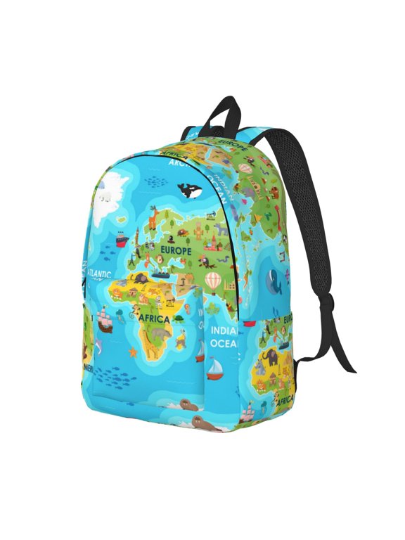 World Map With Animals Landmarks Print Canvas Backpack for Women & Men Retro Aesthetic Rucksack Basic Backpack for High School/College Students Travel Laptop Bag