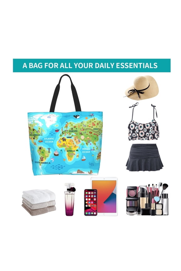 World Map With Animals Landmarks Print Reusable Grocery Bags - Washable, Foldable, Packable Tote, Large Handles, Heavy Duty, Zippered Top Pouch