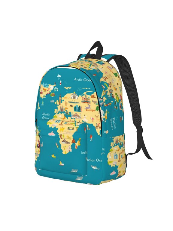 World Map With Landmarks Print Canvas Backpack for Women & Men Retro Aesthetic Rucksack Basic Backpack for High School/College Students Travel Laptop Bag