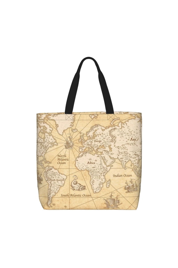 World Map Print Reusable Grocery Bag Shopping Bags with Zipper Shoulder Shopping Handle Bag Suitable for Outdoor Convenient Daily Bag