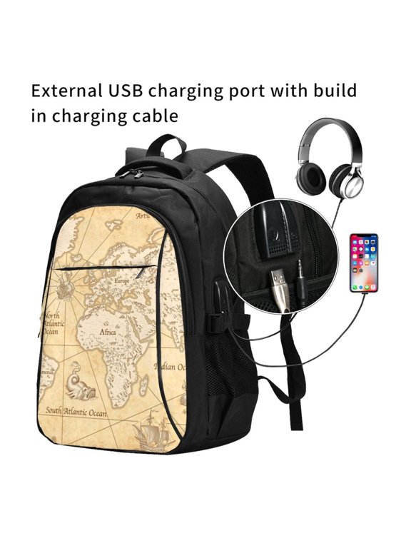 World Map Print Travel Laptop Backpack,Slim Sturdy Laptops Backpack with USB Charging Port, Water Resistant College School Computer Bag