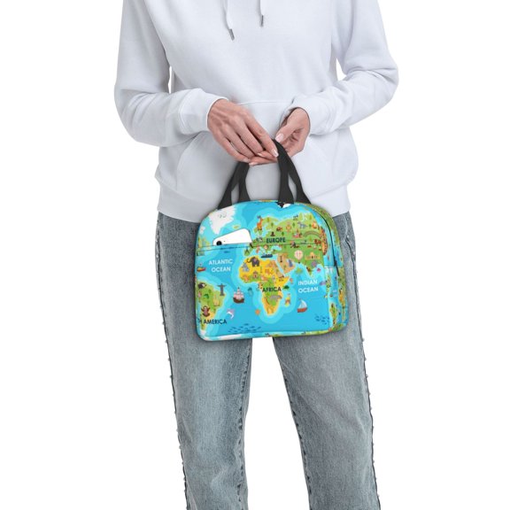Ratiio World Map With Animals Landmarks Print Lunch Bag Lunch Box Insulated Lunch Bag Adult Lunch Box for Men and Women