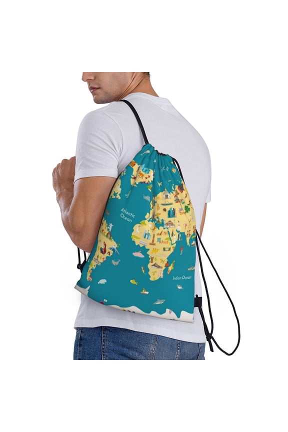 World Map With Landmarks Print Drawstring Backpack Bag Sport Gym Sackpack Heavy Duty String Backpack for Men Women