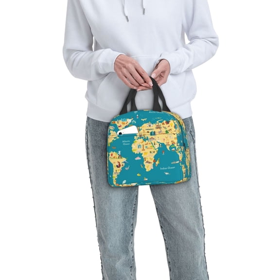 Ratiio World Map With Landmarks Print Lunch Bag Lunch Box Insulated Lunch Bag Adult Lunch Box for Men and Women