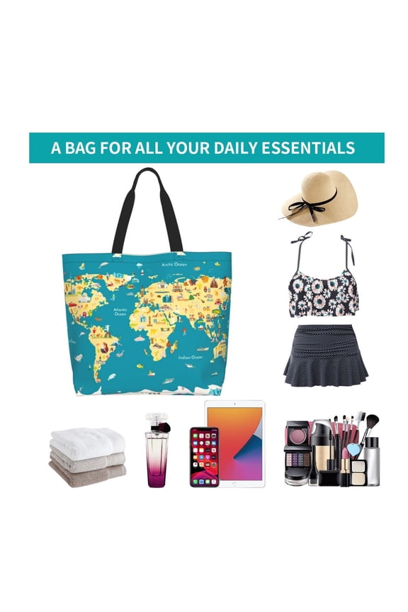 World Map With Landmarks Print Reusable Grocery Bags - Washable, Foldable, Packable Tote, Large Handles, Heavy Duty, Zippered Top Pouch