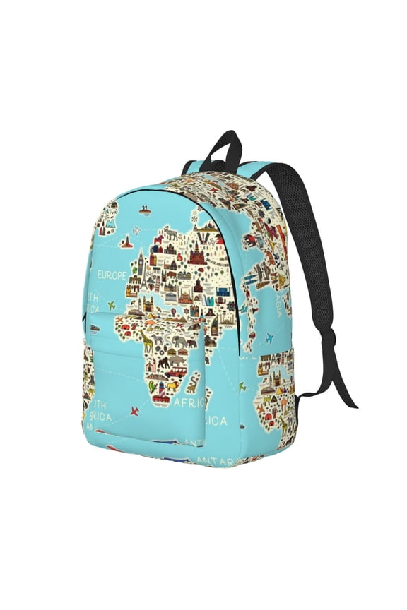 World Travel Line Icons Map Print Canvas Backpack for Women & Men Retro Aesthetic Rucksack Basic Backpack for High School/College Students Travel Laptop Bag