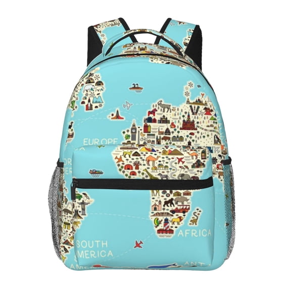 Ratiio World Travel Line Icons Map Print Eco-Friendly Casual Backpack, Water-Resistant Polyester Canvas Daypack with Smooth Zippers, Comfortable & Durable Travel Bag with Laptop Compartment