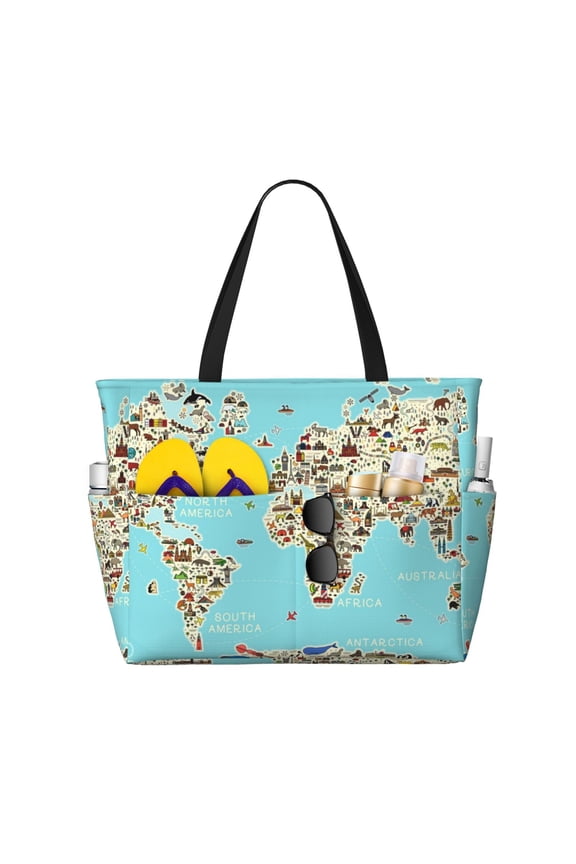 World Travel Line Icons Map Print Large Capacity Beach Travel Bag, Polyester Waterproof Tote Bag with Zipper for Vacation and Daily Use