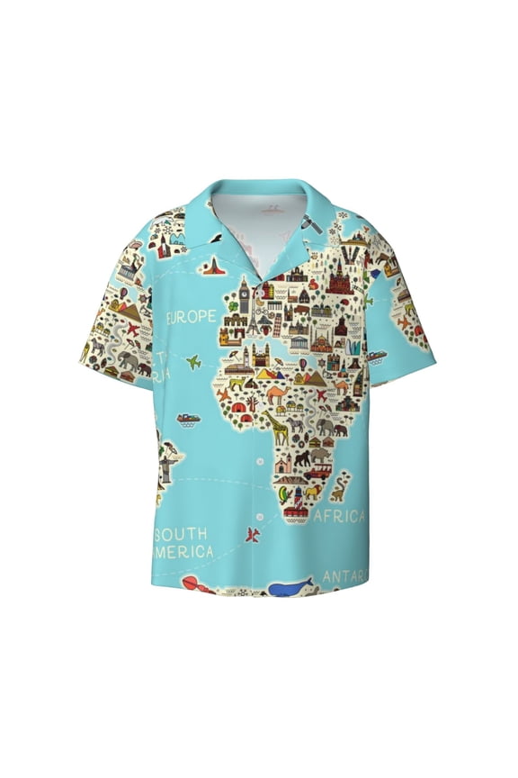 World Travel Line Icons Map Print Mens Casual Short Sleeve Shirts Button Down Textured Shirts Summer Beach Shirt with Pocket Men's Casual Short-sleeved Shirt