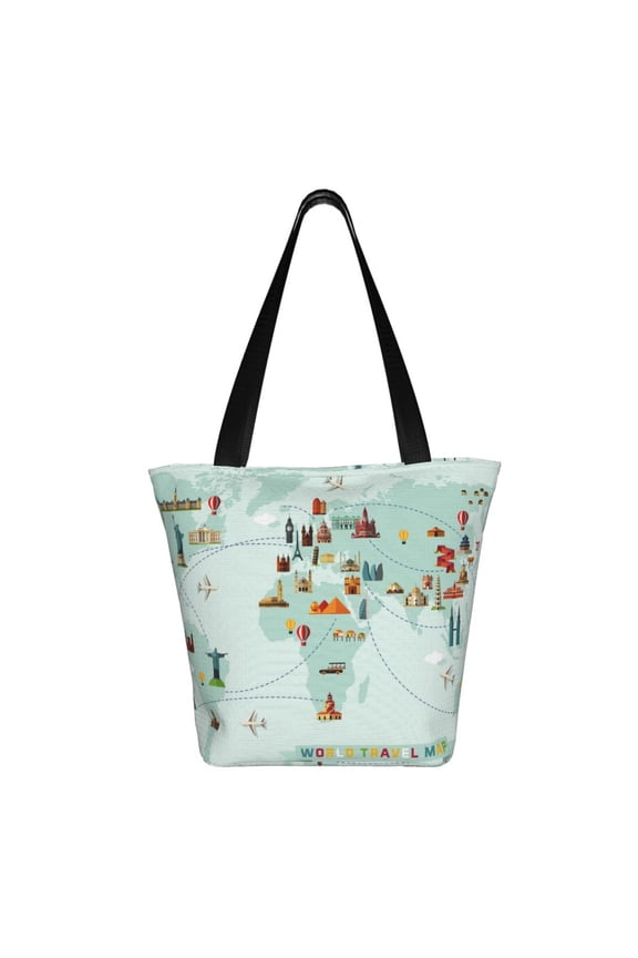 World Travel Map Print Shoulder Bag for Women, Polyester Crossbody Purse Lightweight Handbag for Daily Travel and Casual Use