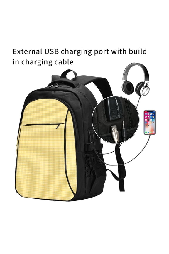 Yellow Gingham Print Travel Laptop Backpack,Slim Sturdy Laptops Backpack with USB Charging Port, Water Resistant College School Computer Bag