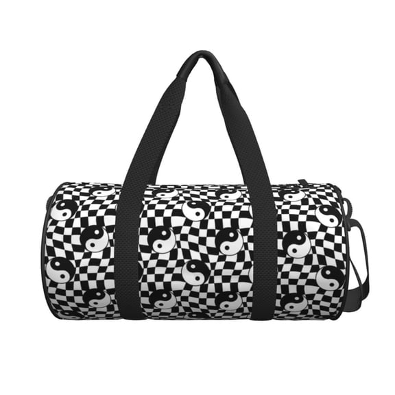 Ratiio Ying Yang Checkered Pattern Foldable Sports Gym Bag with Wet Dry Pocket, Ultralight Travel Bag, Large Capacity Duffel Bag, Splash Proof Carry on Bag, Overnight Bag, Weekender Bag for Travel