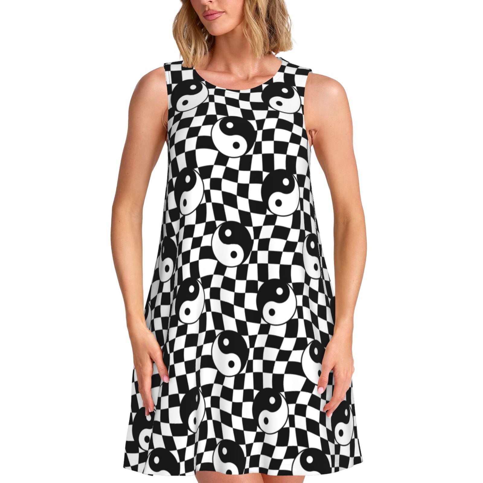 Ratiio Ying Yang Checkered Pattern Women's Sleeveless Dress - Casual ...