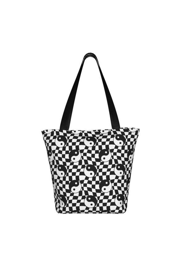 Ying Yang Checkered Print Shoulder Bag for Women, Polyester Crossbody Purse Lightweight Handbag for Daily Travel and Casual Use