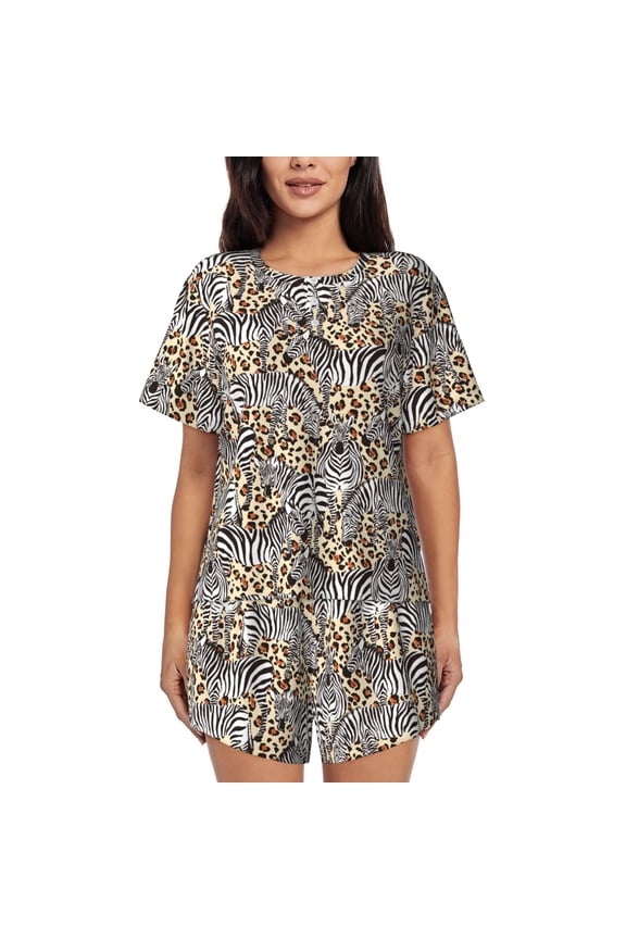 Zebra Print Womens Pajama Sets 2 Piece Soft Short Sleeve Top and Shorts Sleepwear Round Neck Pjs Lounge Set