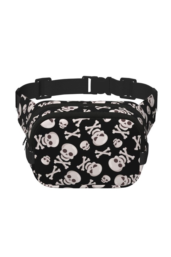black white Skull bone Pattern Square Double Layer Waist Bag, Durable Twill Fabric Waist Pack with Adjustable Belt,Outdoor Hiking, Running, Travel Waist Bag
