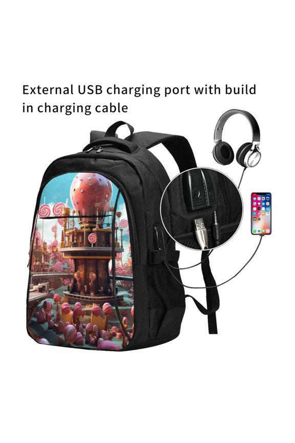 fairy-tale-world-with-delicious-candy Print Travel Laptop Backpack,Slim Sturdy Laptops Backpack with USB Charging Port, Water Resistant College School Computer Bag