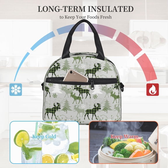 Ratiio green plaid Moose tree Pattern Lunch Bag ,Insulated Lunch Box, Small Leakproof Cooler Food Lunch Containers Reusable High Capacity Lunch Tote Bags