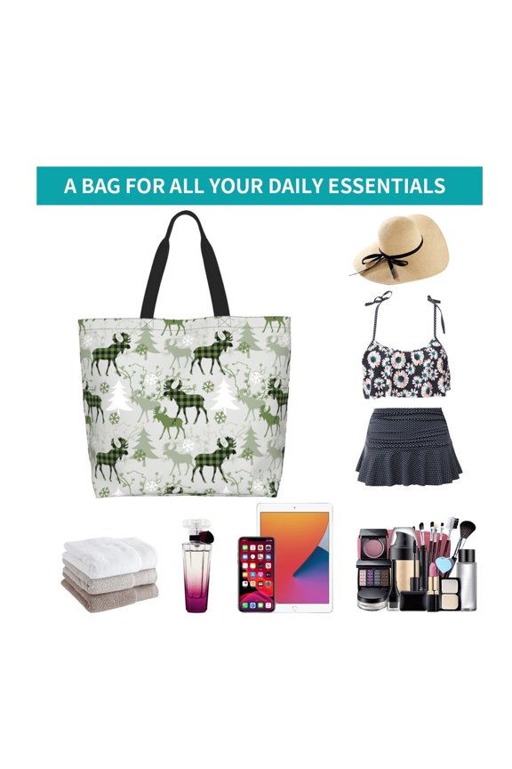 green plaid Moose tree Print Reusable Grocery Bags - Washable, Foldable, Packable Tote, Large Handles, Heavy Duty, Zippered Top Pouch