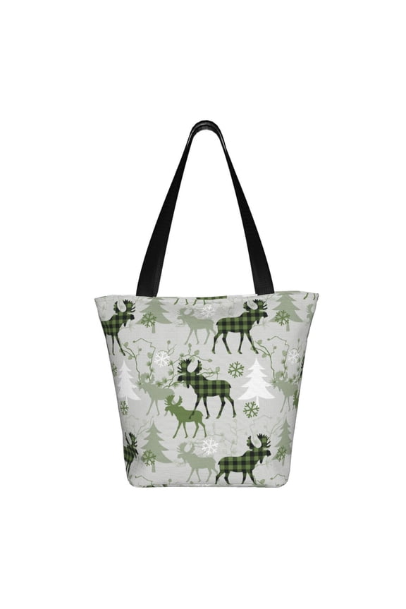 green plaid Moose tree Print Shoulder Bag for Women, Polyester Crossbody Purse Lightweight Handbag for Daily Travel and Casual Use