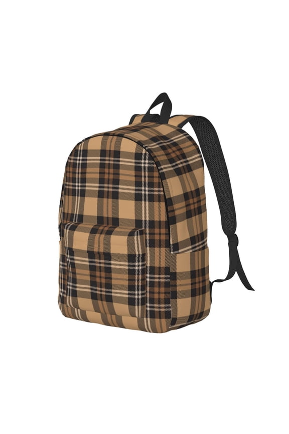khaki coffee plaid Print Canvas Backpack for Women & Men Retro Aesthetic Rucksack Basic Backpack for High School/College Students Travel Laptop Bag