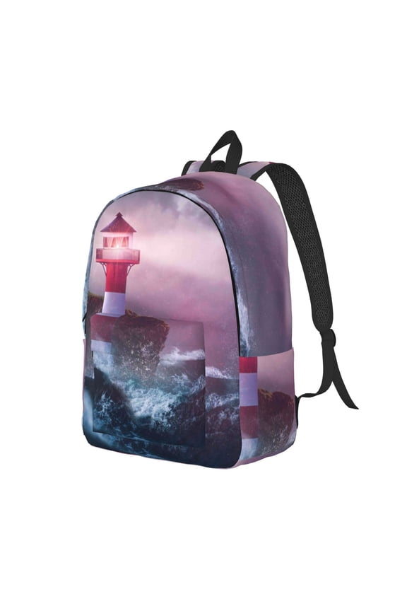 lighthouse Waves Torrential Rain Print Canvas Backpack for Women & Men Retro Aesthetic Rucksack Basic Backpack for High School/College Students Travel Laptop Bag