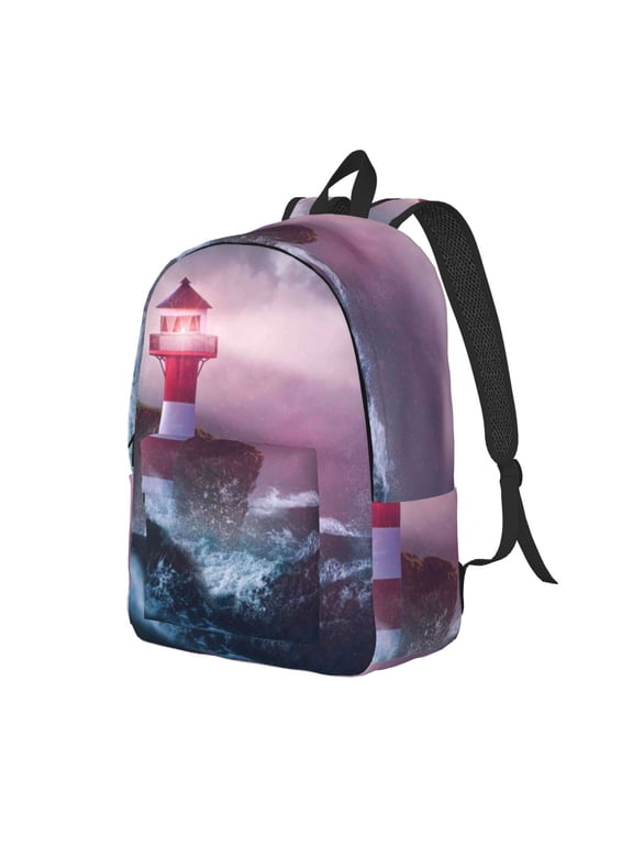 lighthouse Waves Torrential Rain Print Canvas Backpack for Women & Men Retro Aesthetic Rucksack Basic Backpack for High School/College Students Travel Laptop Bag