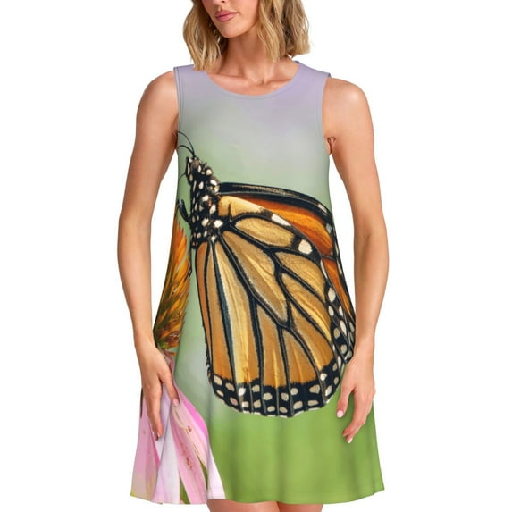 Ratiio A monarch butterfly Pattern Women's Sleeveless Dress - Casual Summer Dress with Pockets, Above Knee Length, Round Neck, Ideal for Beach, Vacation, Work