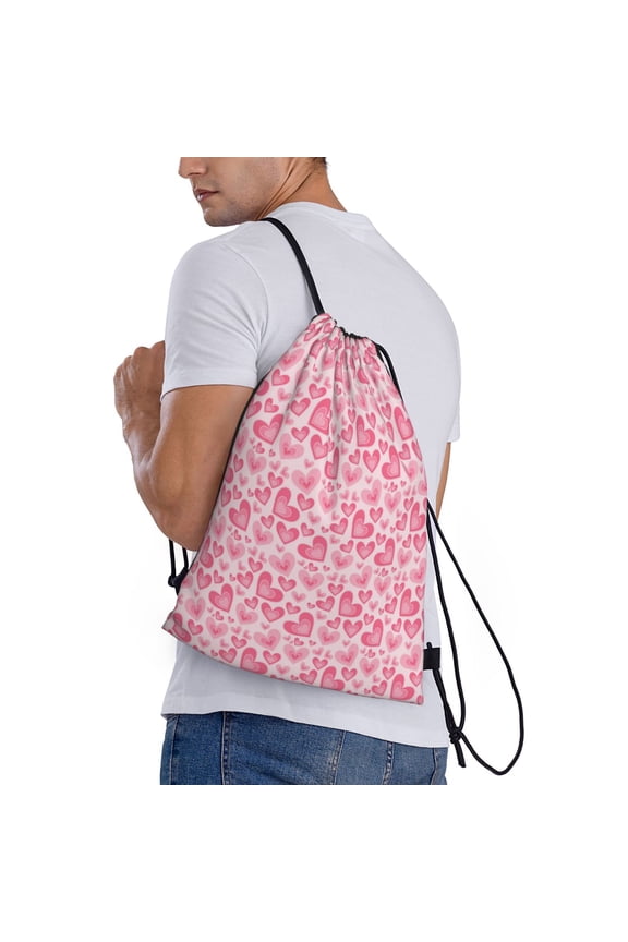pink heart Print Drawstring Backpack Bag Sport Gym Sackpack Heavy Duty String Backpack for Men Women