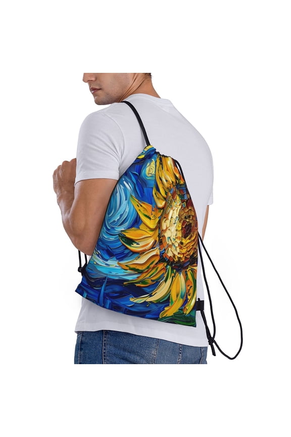 vintage Starry Sunflower Print Drawstring Backpack Bag Sport Gym Sackpack Heavy Duty String Backpack for Men Women