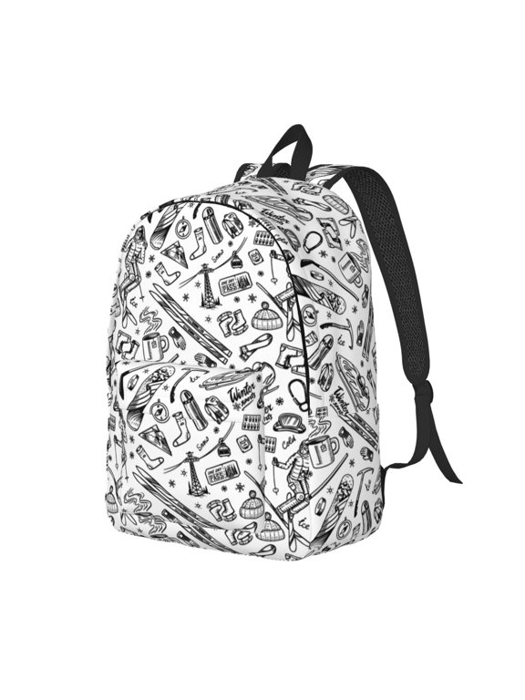 winter Ski Element Print Canvas Backpack for Women & Men Retro Aesthetic Rucksack Basic Backpack for High School/College Students Travel Laptop Bag