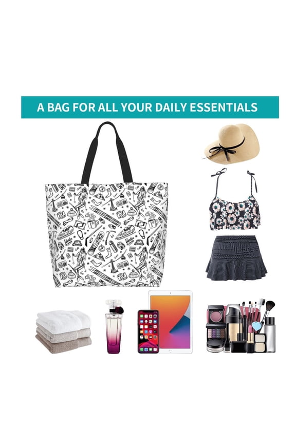 winter Ski Element Print Reusable Grocery Bags - Washable, Foldable, Packable Tote, Large Handles, Heavy Duty, Zippered Top Pouch