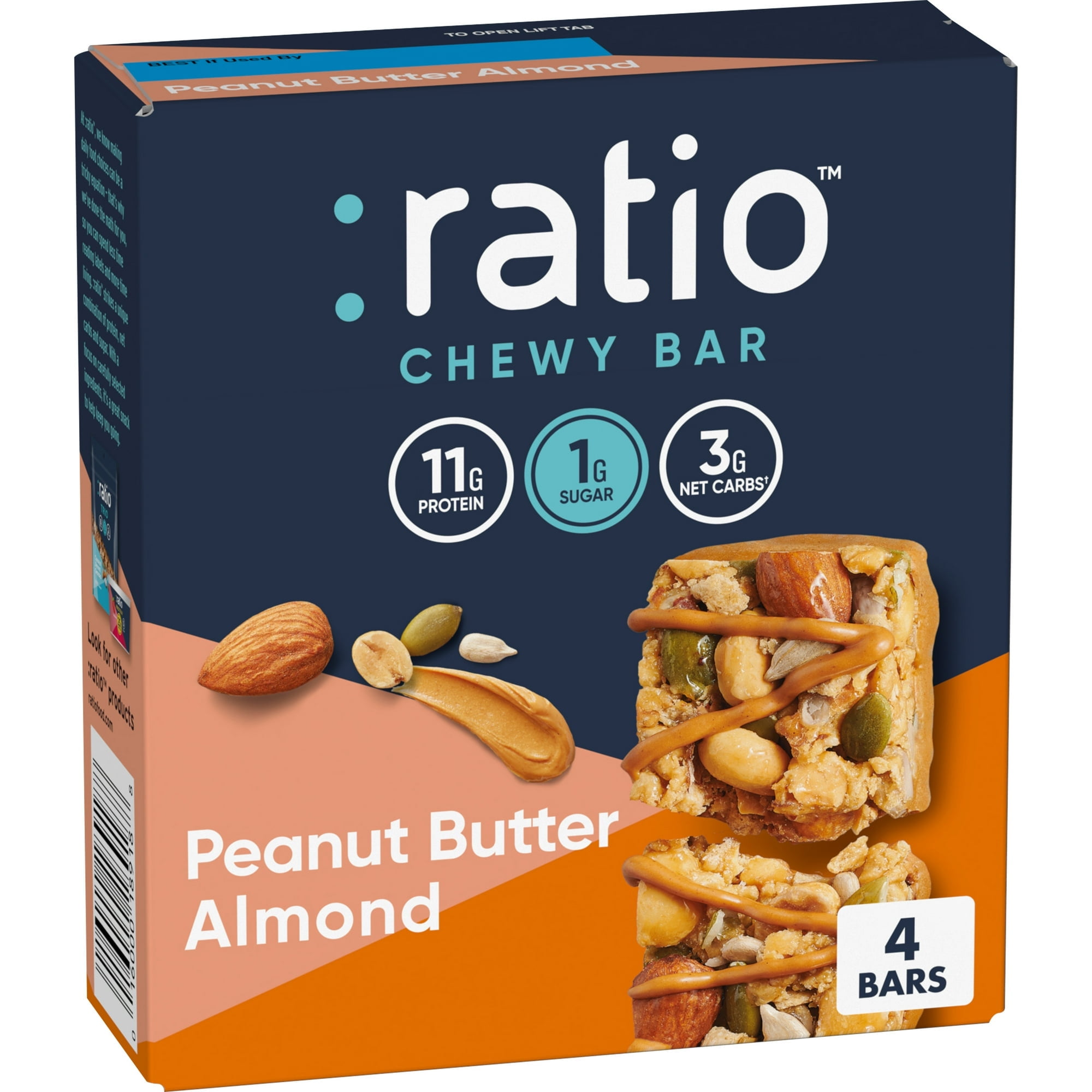 Ratio Chewy Protein Bar, Peanut Butter Almond, Keto Friendly, 5.6 OZ (4