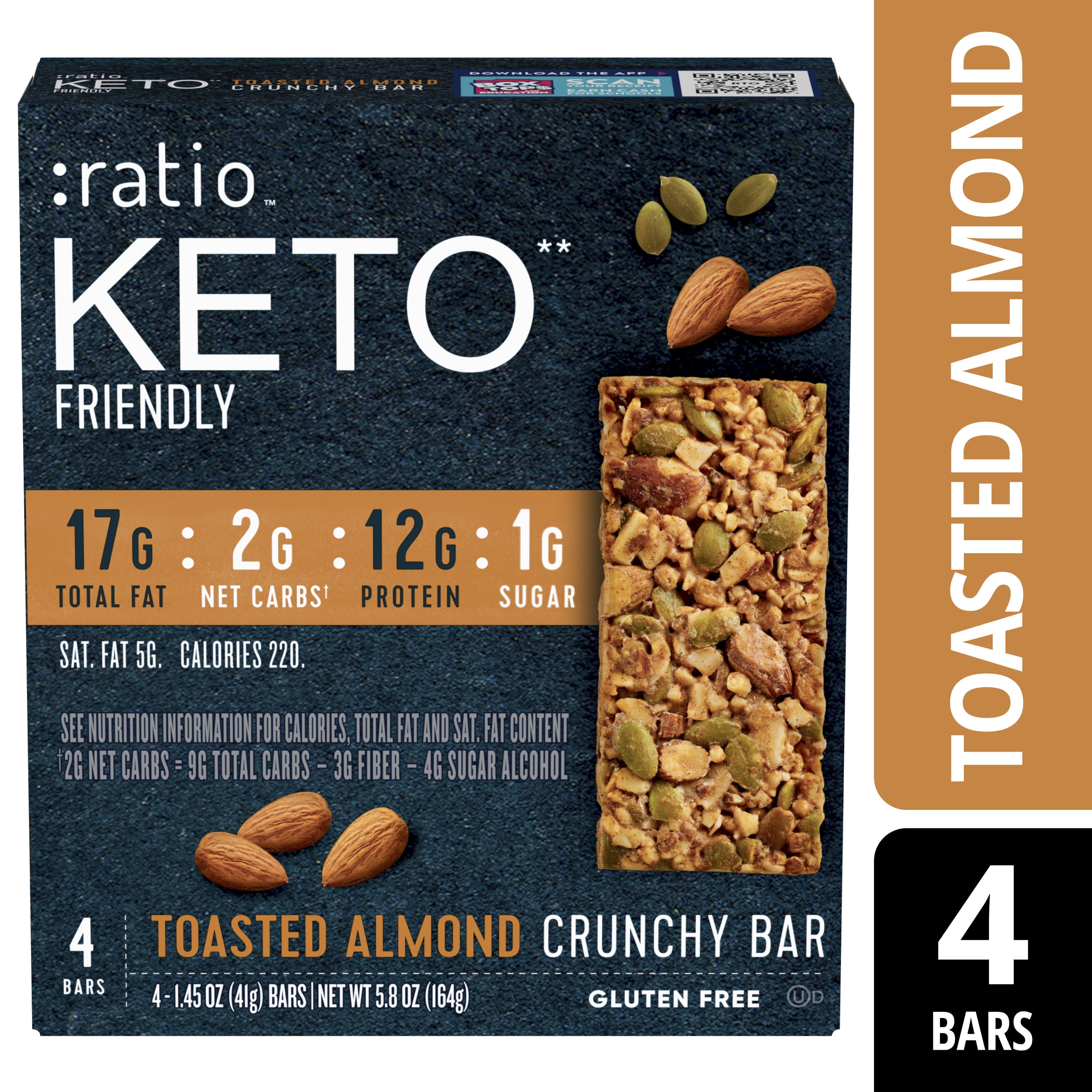 Ratio Crunchy Bar, Toasted Almond, 12g Protein, Keto Friendly, 5.8 OZ (4  Bars) 