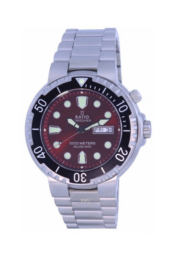 Ratio FreeDiver Stainless Steel Quartz 1000M Men's Wristwatch, Red