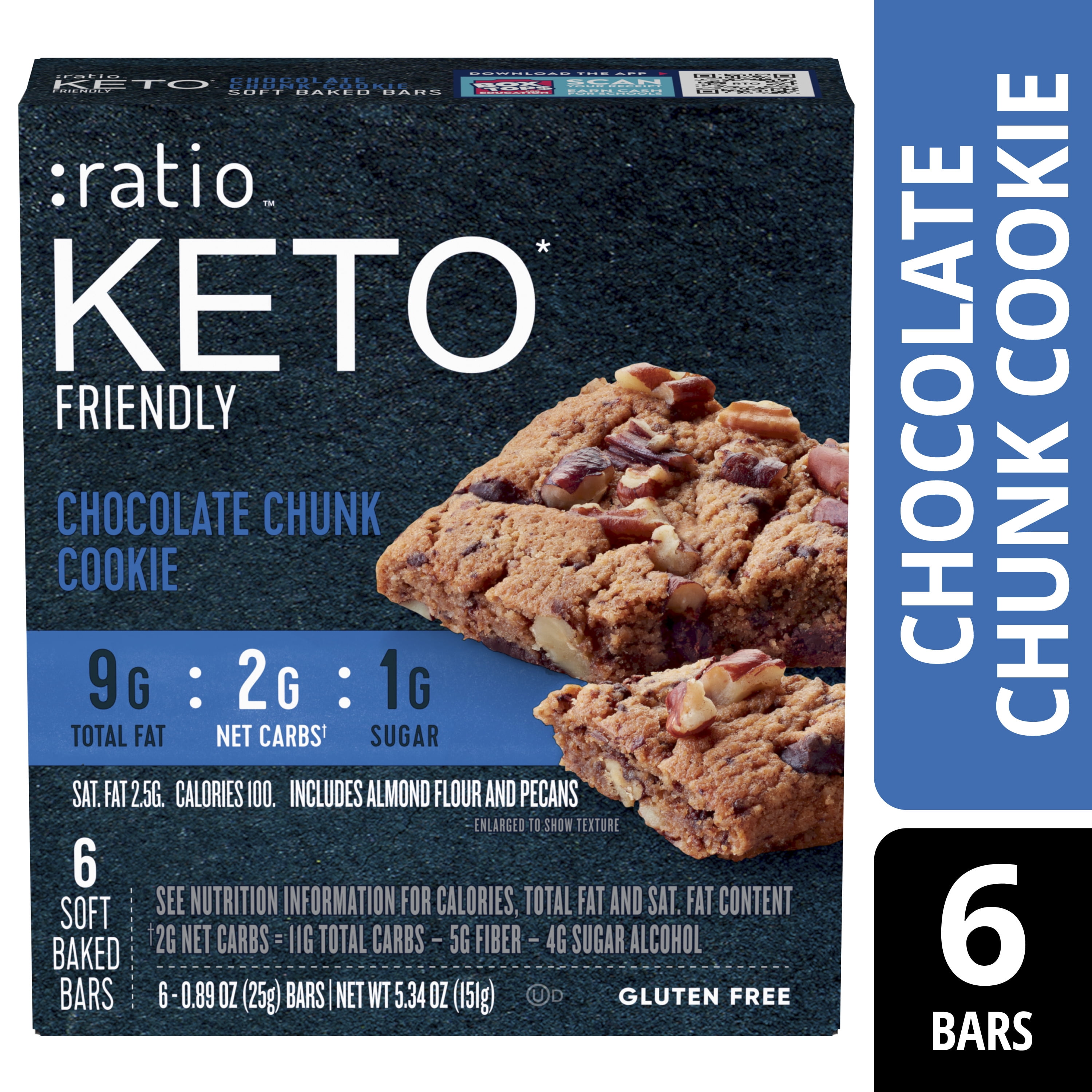 Ratio Soft Baked Bars, Chocolate Chunk Cookie, 1g Sugar, Keto Friendly