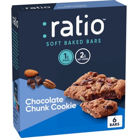 Ratio Soft Baked Bars, Chocolate Chunk Cookie, 1g Sugar, Keto Friendly, 5.34 OZ (6 Bars)
