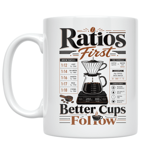 Ratios First Better Cups Follow - Home Coffee Brewing Enthusiast - 11 oz Ceramic Coffee Mug