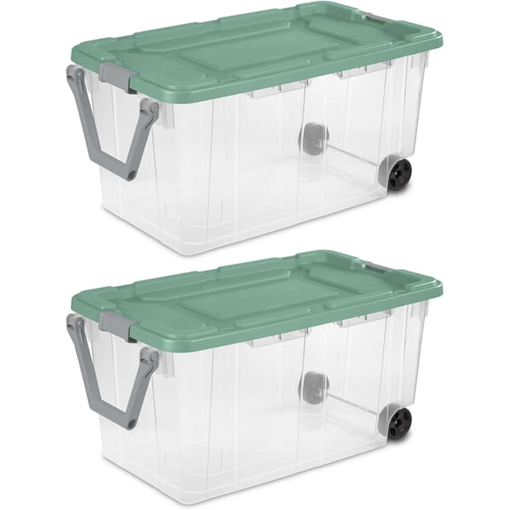 Ratiyae 160 Quart Wheeled Storage Box, Extra Large Durable Clear Plastic Bin, LATCH Lid, Lt Green, 2 Count